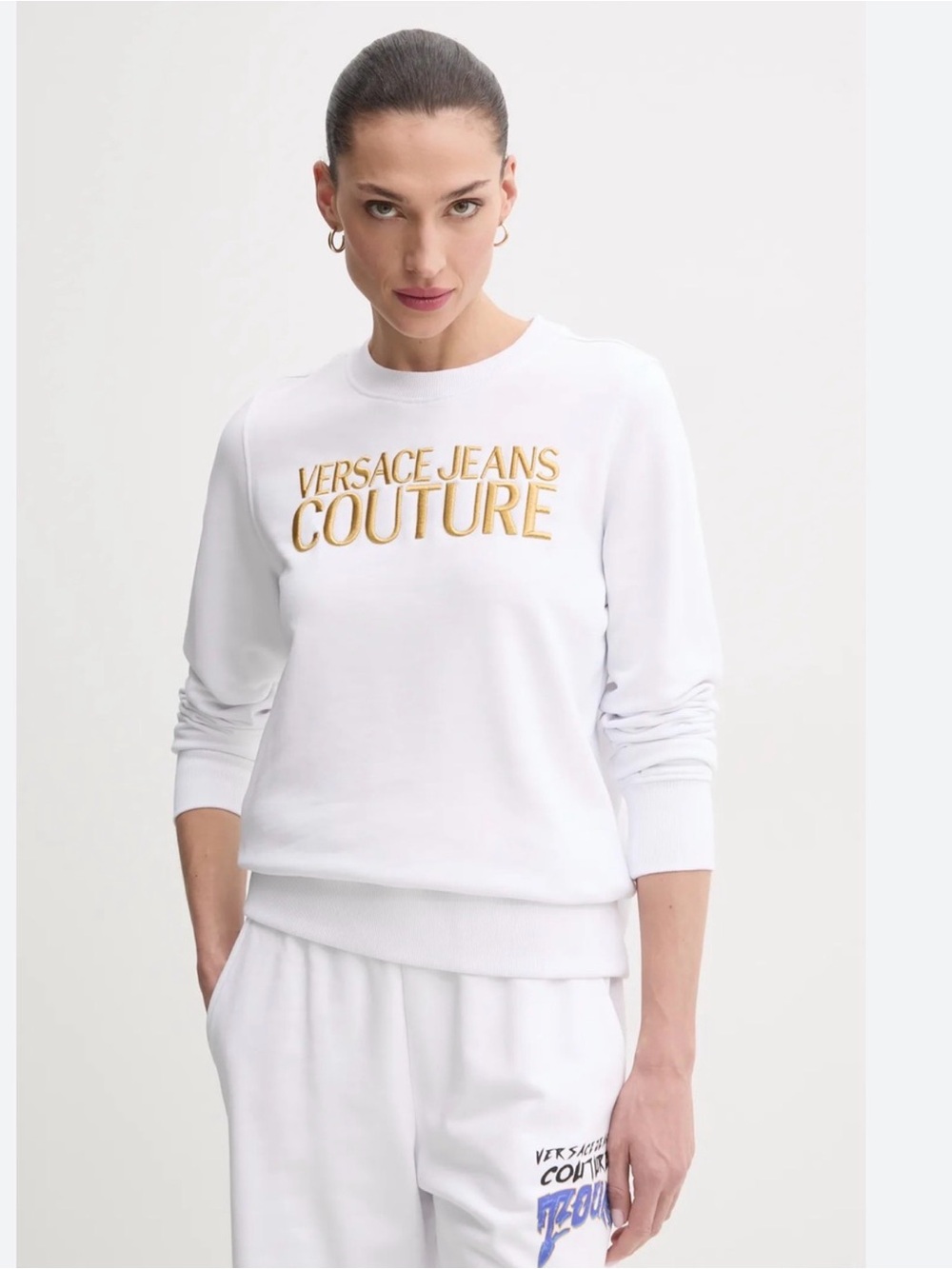 Versace Jeans Collection White Sweatshirt with Gold Logo Embroidery